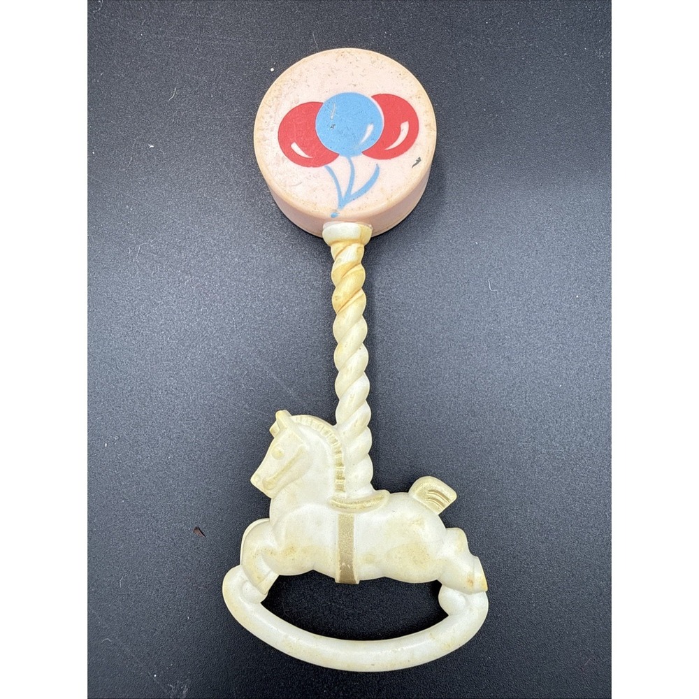 Plakie Celluloid Vintage Child's Rattle w Rocking Horse Handle